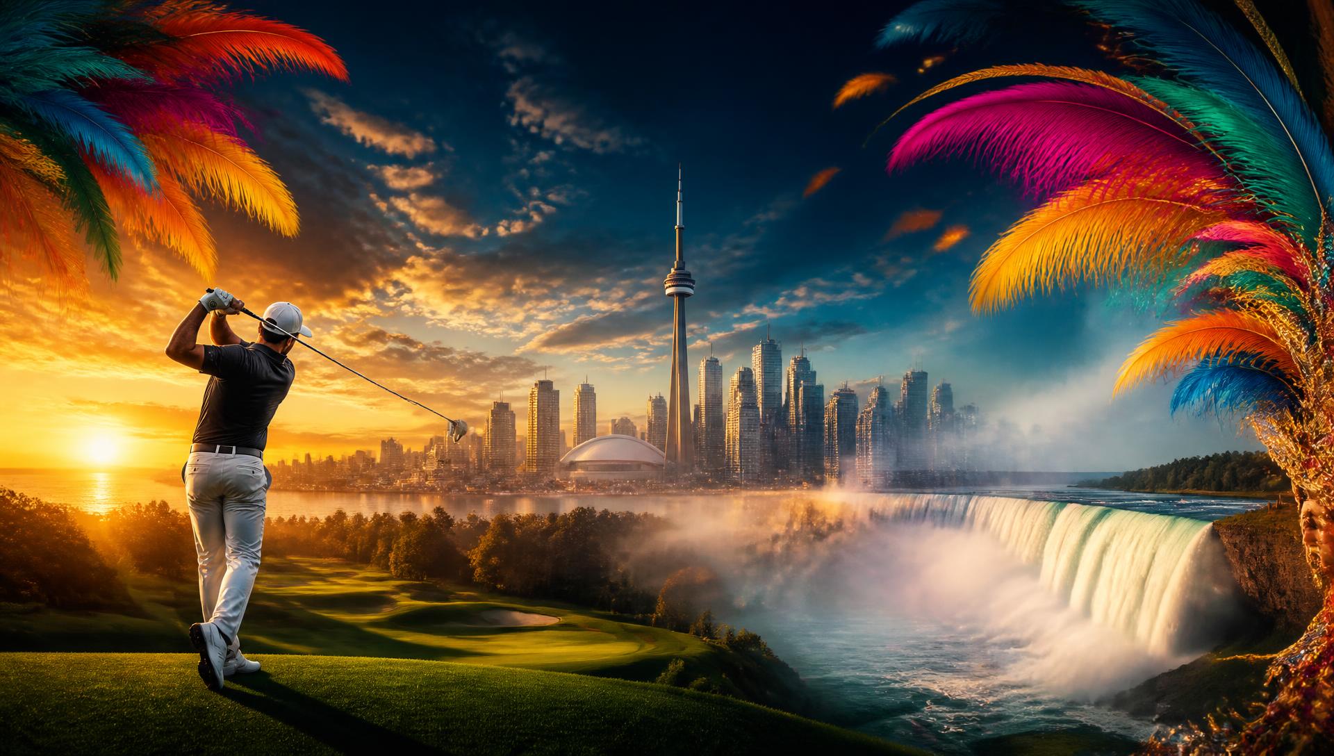 Golfer teeing off at sunset with the Toronto skyline, Niagara Falls and Caribbean Carnival feathers